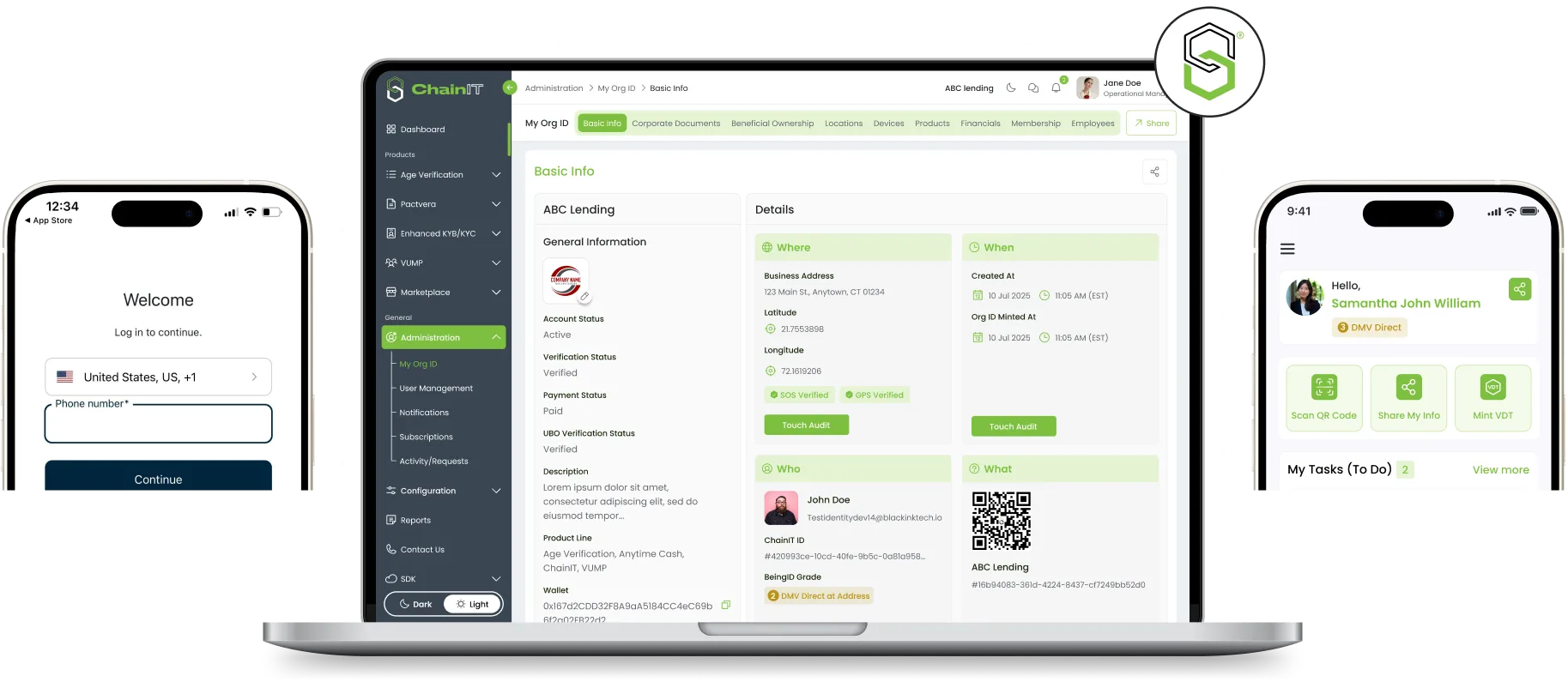 ChainIT Platform - Dashboard on laptop and mobile apps showing identity verification, organization management, and user profiles